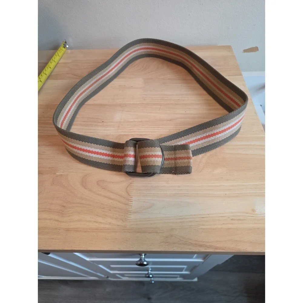 Y2K Fabric Ribbon Belt Multicolor Striped Double D-Ring Metal Cinch Buckle 90s